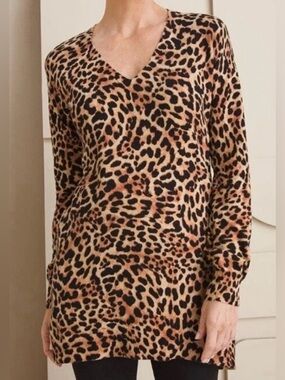 Chico’s Leopard Sweater Tunic V-Neck Long Length Soft Size XL
